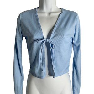 Pretty Little Thing Tie Front Crop Top 2 Baby Blue Ribbed Knit Long Sleeves NEW